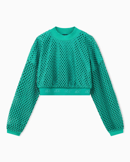 Cropped sweater in open-knit mesh with ribbed crew neckline