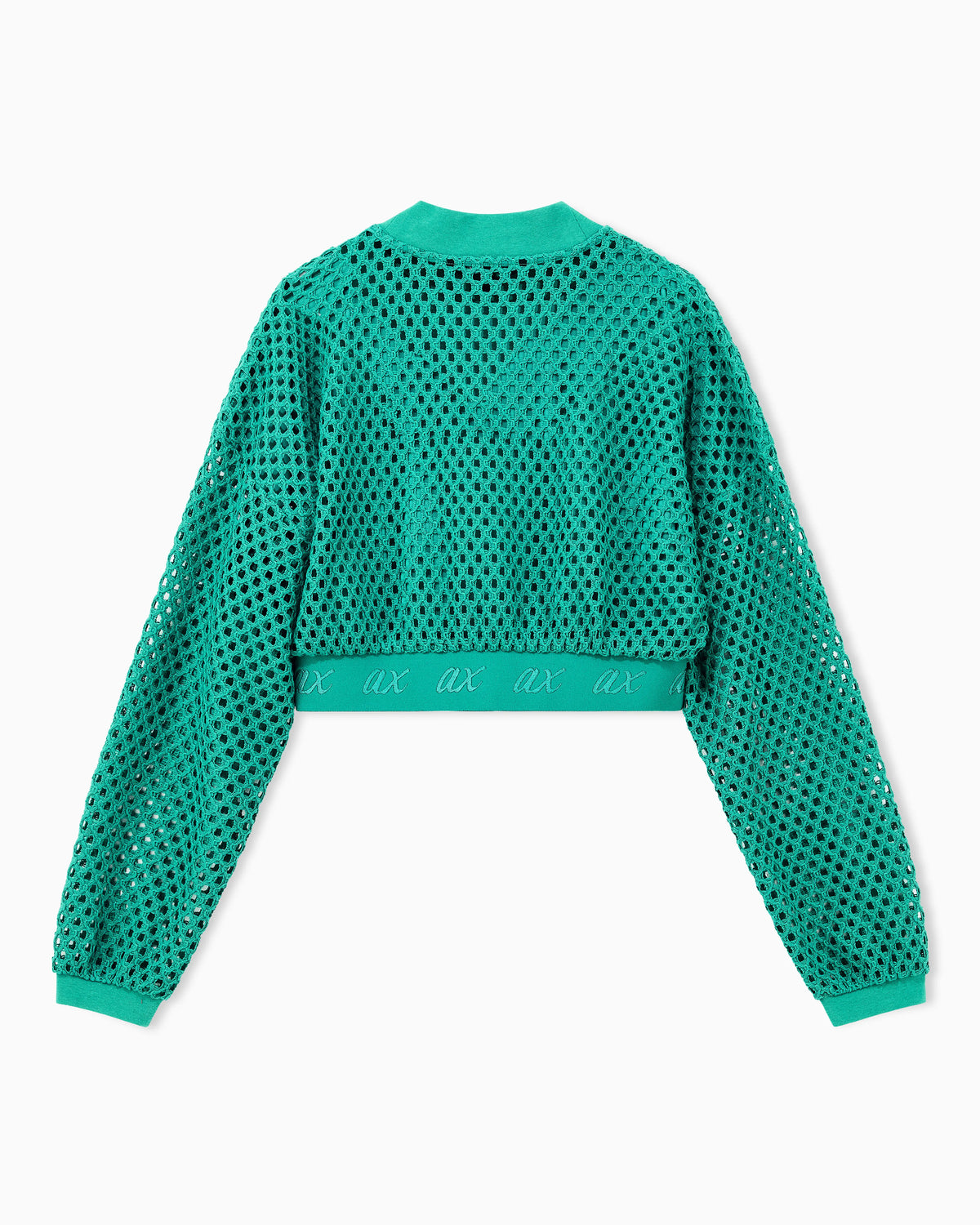 Cropped sweater in open-knit mesh with ribbed crew neckline
