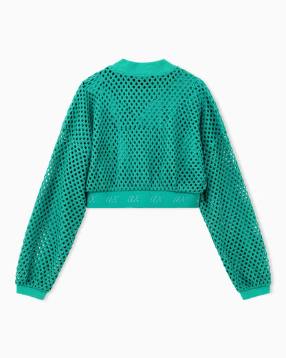 Cropped sweater in open-knit mesh with ribbed crew neckline