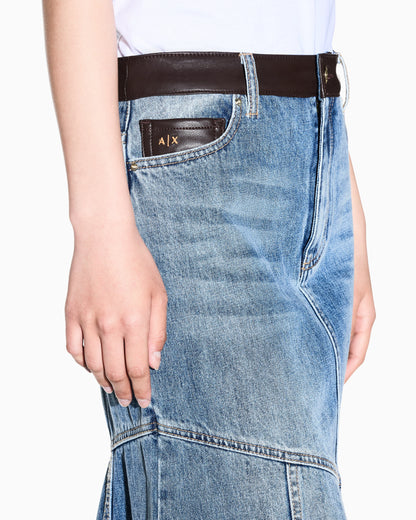 regular fit skirt in rigid cotton denim with leather label