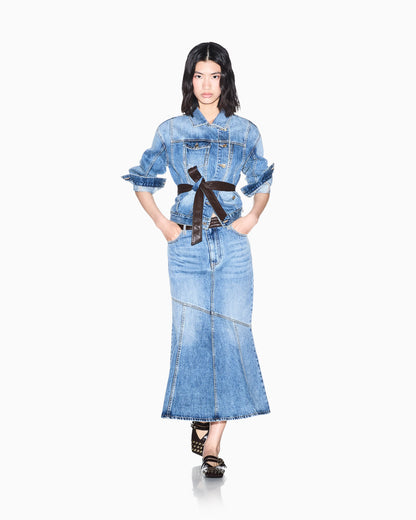 regular fit skirt in rigid cotton denim with leather label