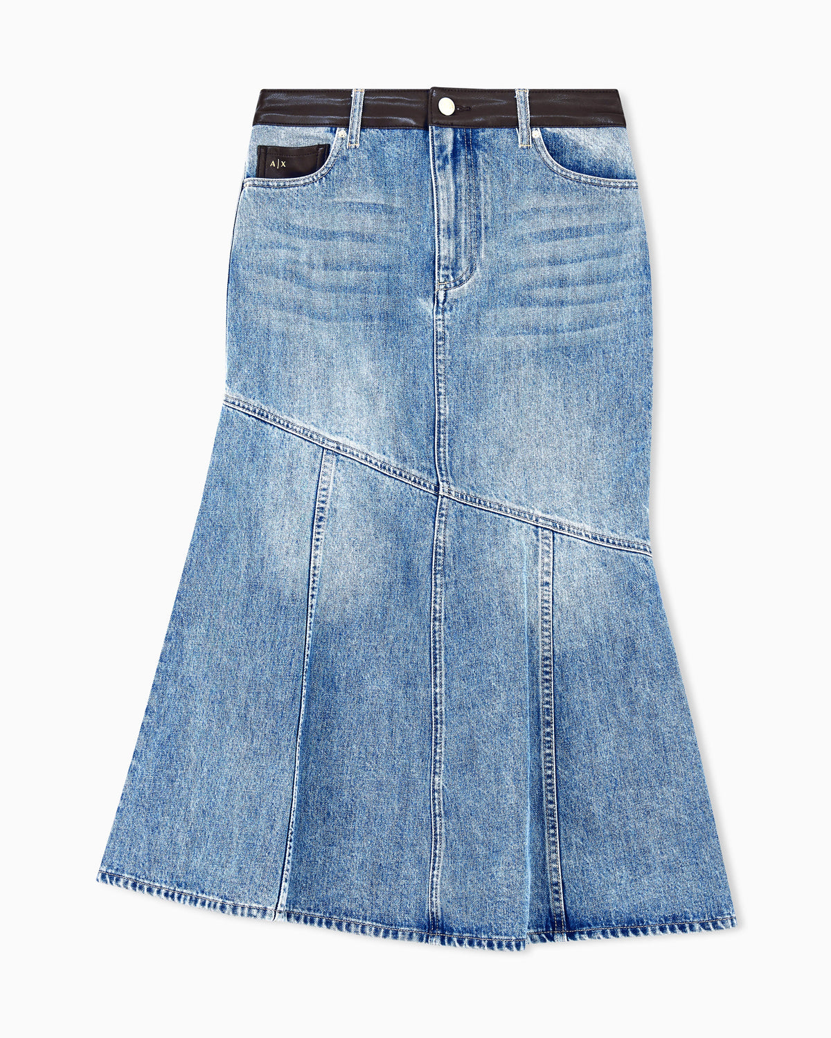 regular fit skirt in rigid cotton denim with leather label