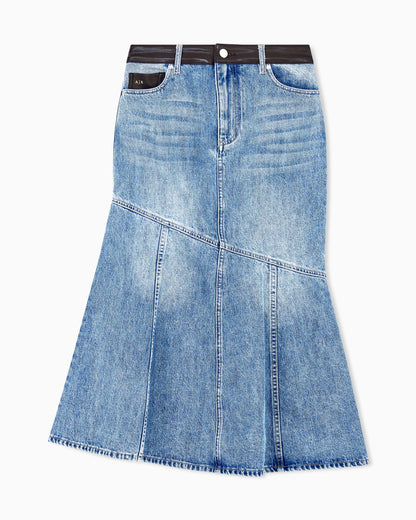 regular fit skirt in rigid cotton denim with leather label
