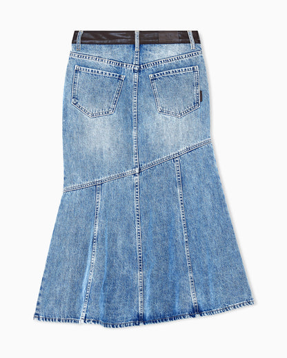 regular fit skirt in rigid cotton denim with leather label