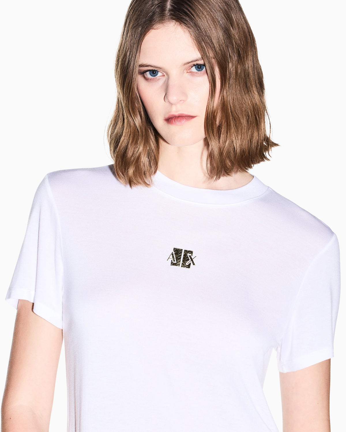 Crew neck T-shirt in viscose jersey with a metallic logo