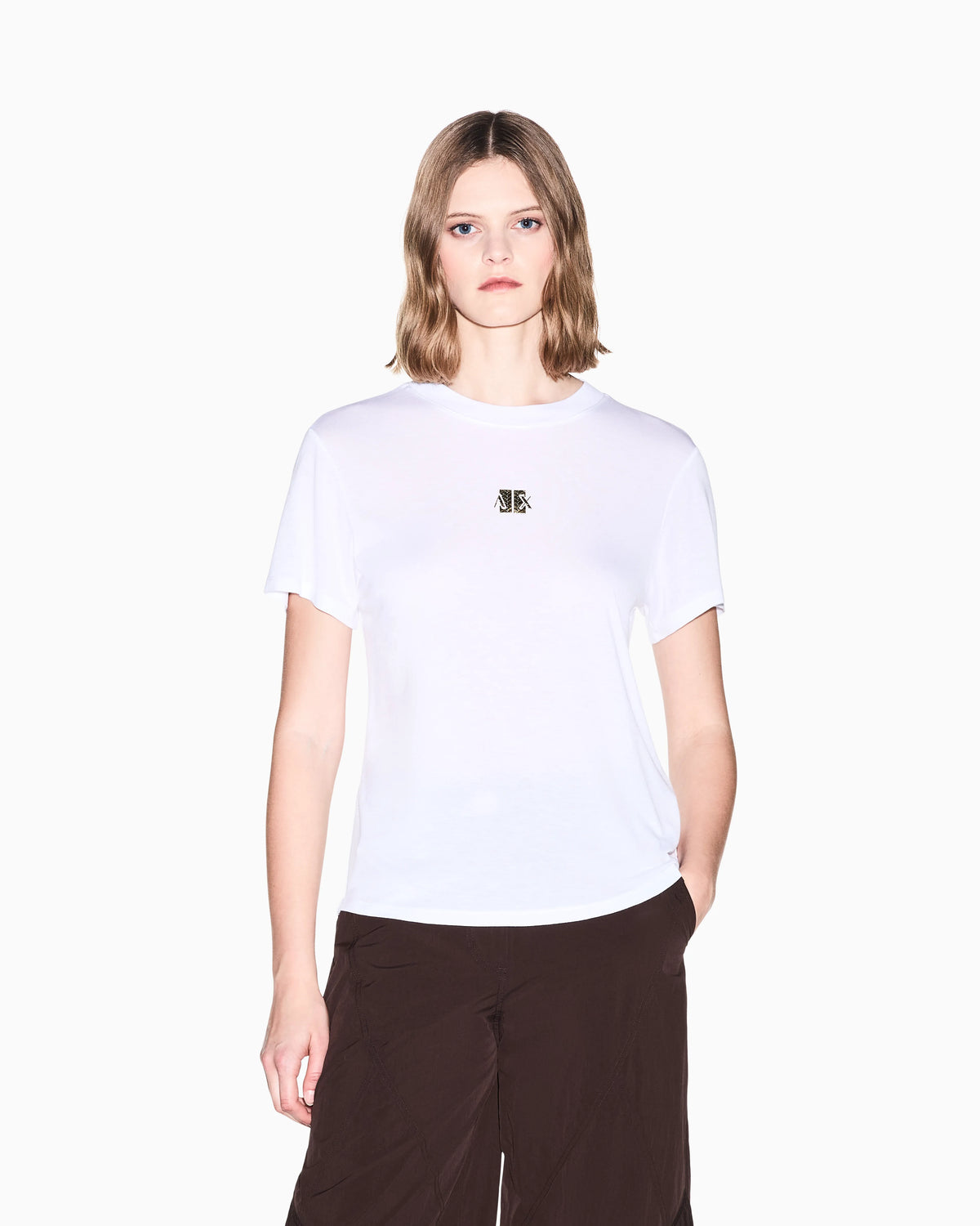 Crew neck T-shirt in viscose jersey with a metallic logo