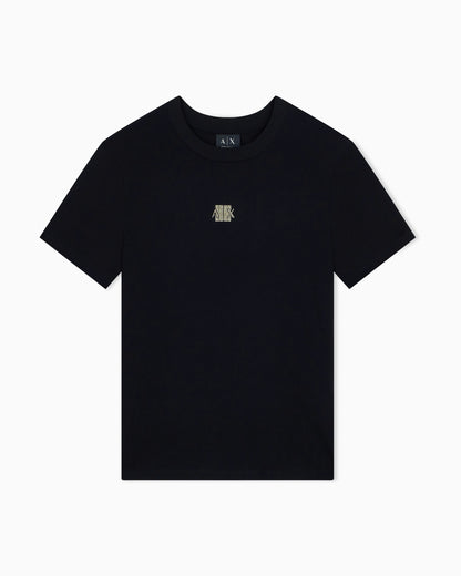 Crew neck T-shirt in viscose jersey with a metallic logo