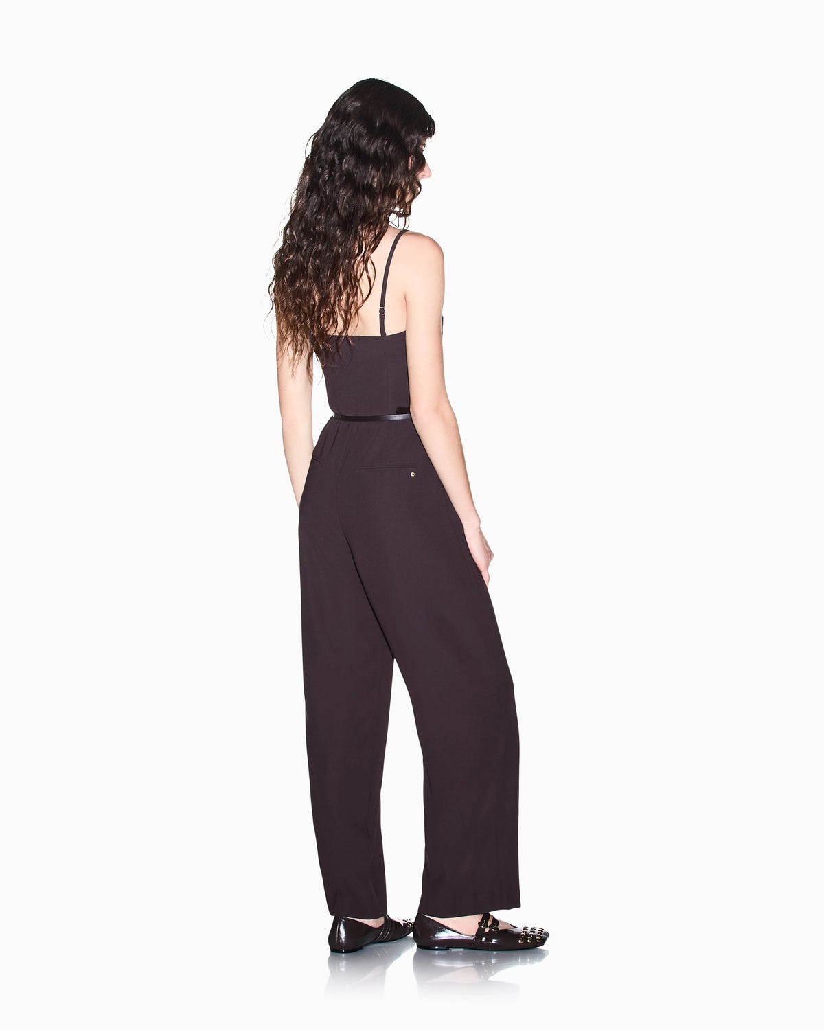 Wide-leg jumpsuit in recycled crepe with spaghetti straps