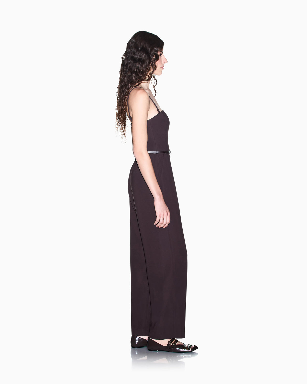 Wide-leg jumpsuit in recycled crepe with spaghetti straps