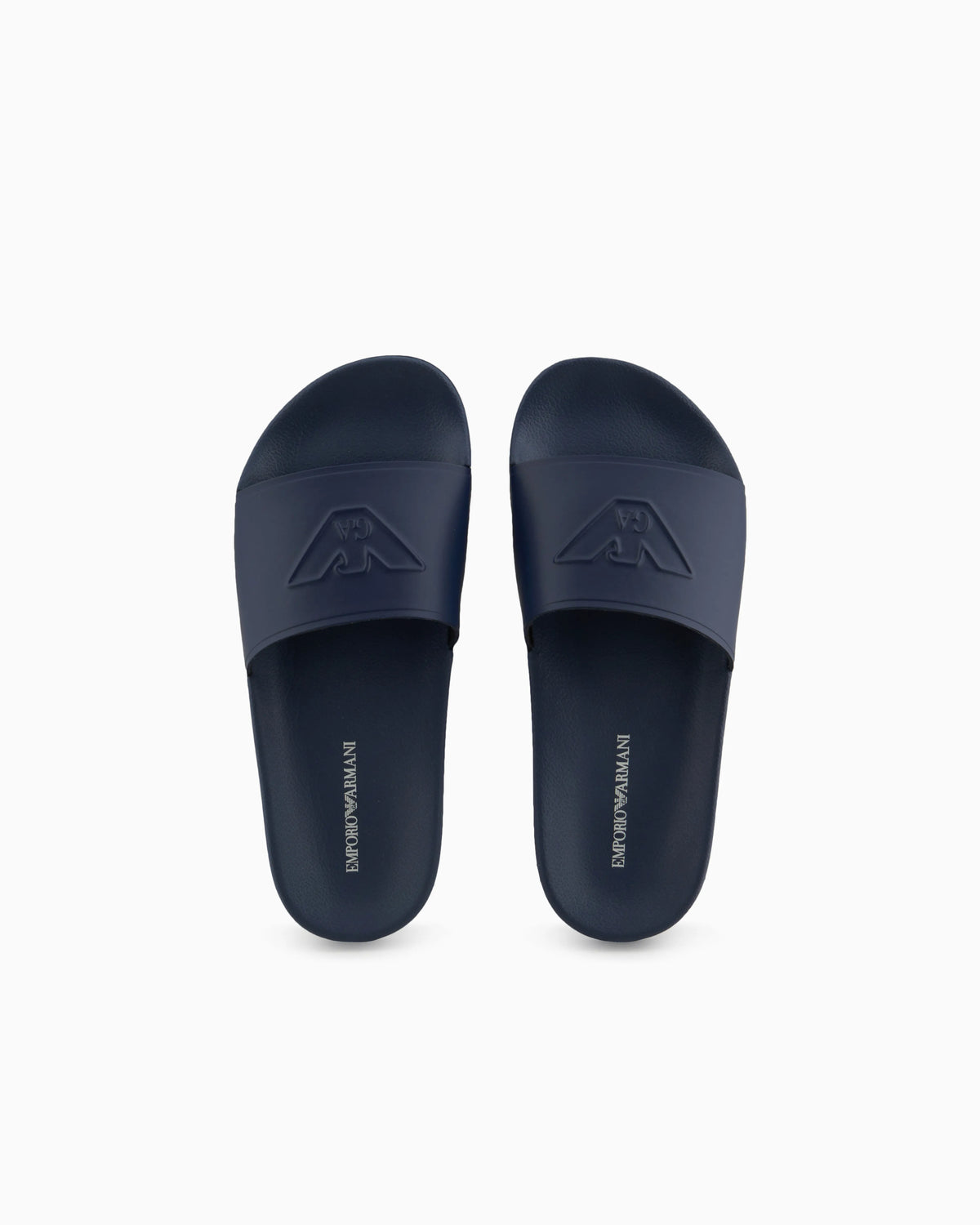 Slides with oversized, embossed logo