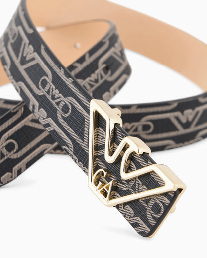 Monogram-print belt with eagle plate