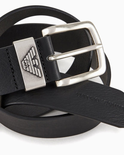 Leather belt with logo buckle
