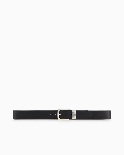 Leather belt with logo buckle