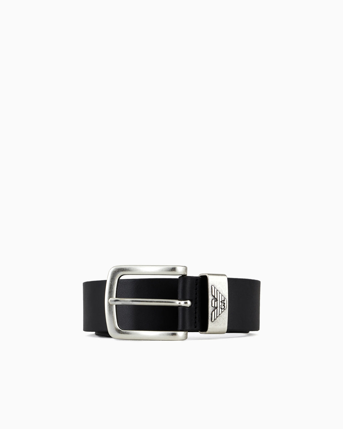 Leather belt with logo buckle