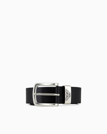 Leather belt with logo buckle