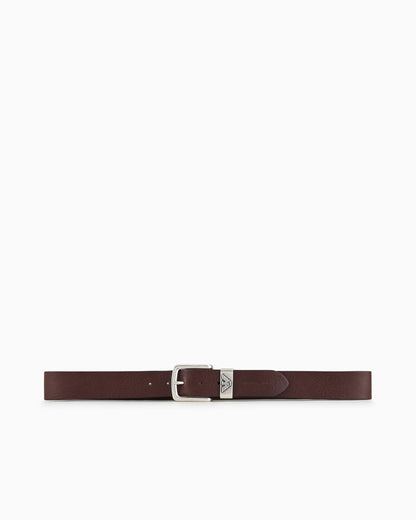 Leather belt with logo buckle