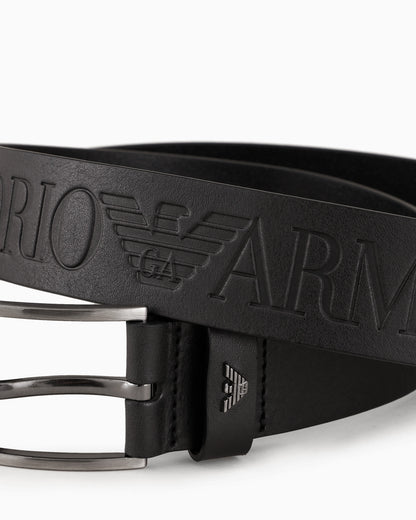 Tumbled-leather belt with oversized logo lettering